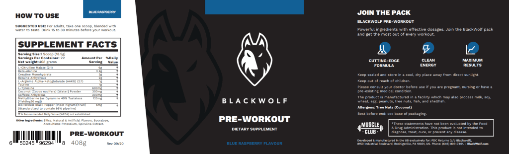 Black Wolf pre workout ingredients and nutrition facts